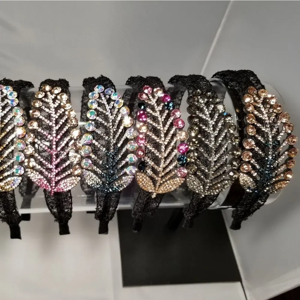 Blue Gold Crystals Leaf Black Lace Hair Band